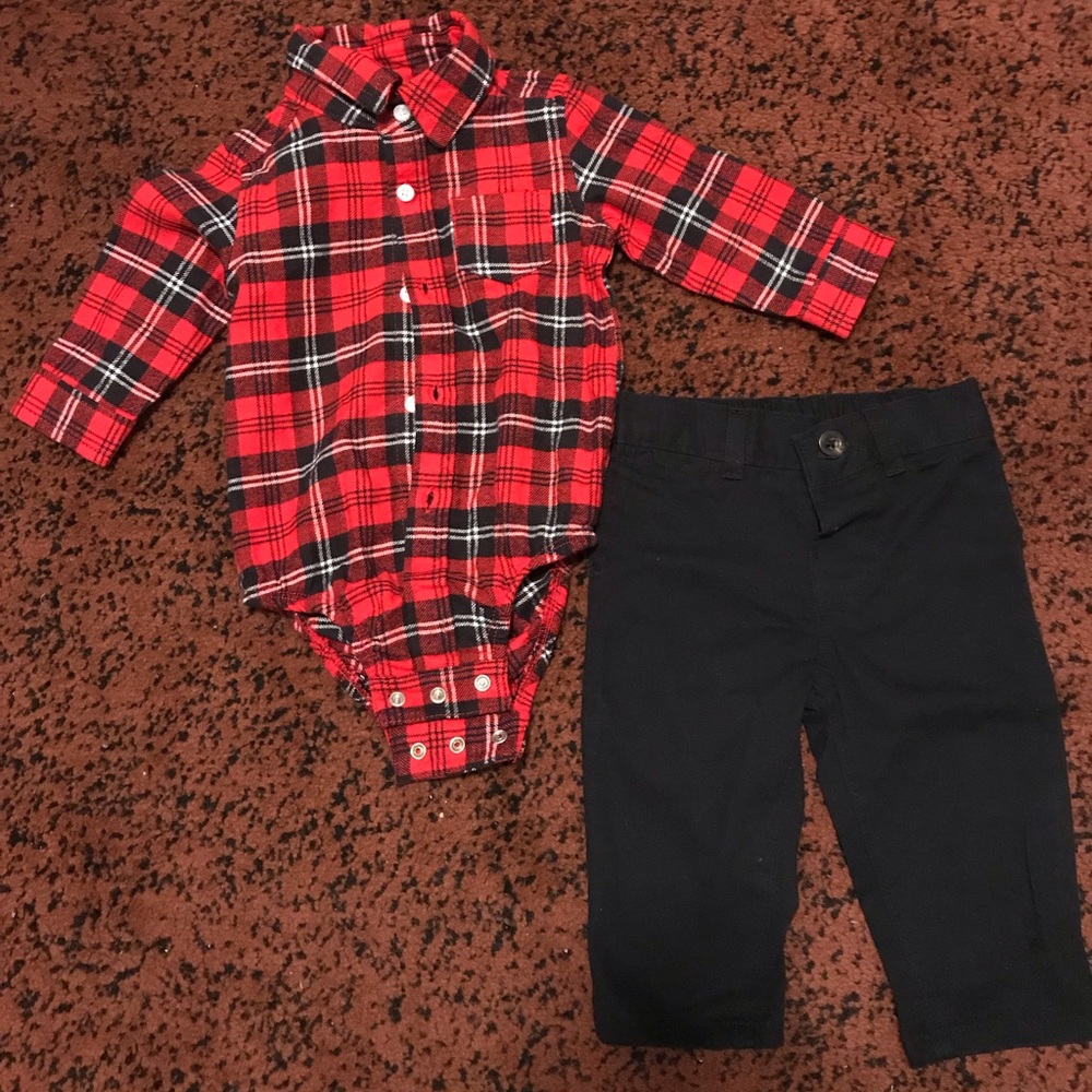 Carters 6month flannel body suit and black pants